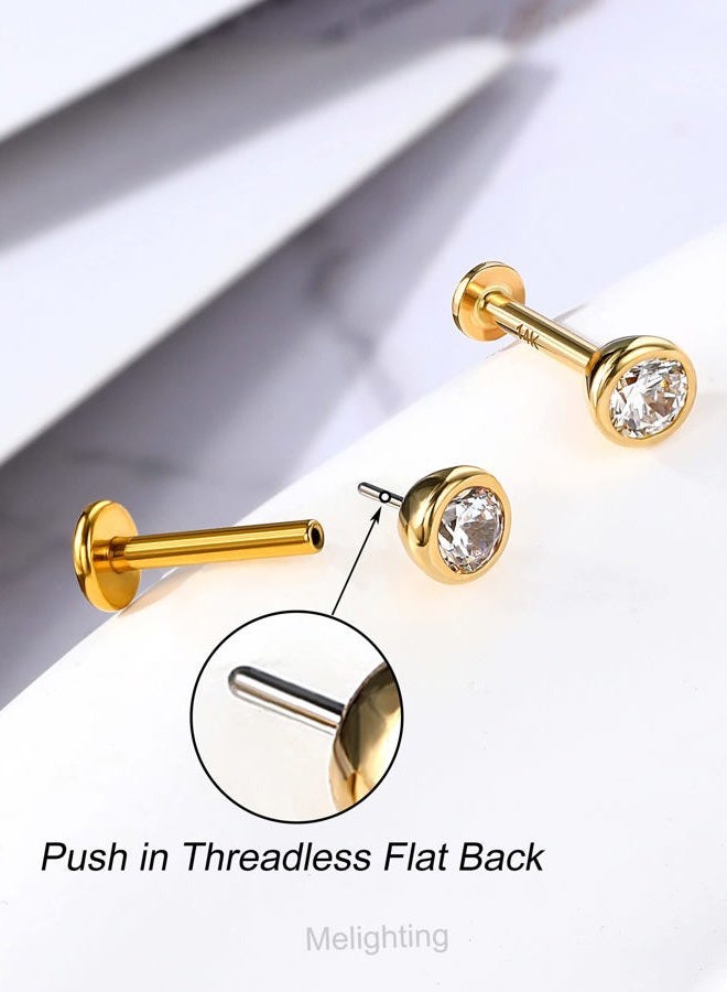 Melighting 14K Solid Gold Flat Back Earrings, Titanium Threadless Earrings for Women, 16G Gold Tragus Helix Piercing Jewelry, Conch Earrings Labret Jewelry for Women, Metal, Cubic Zirconia - Image 3