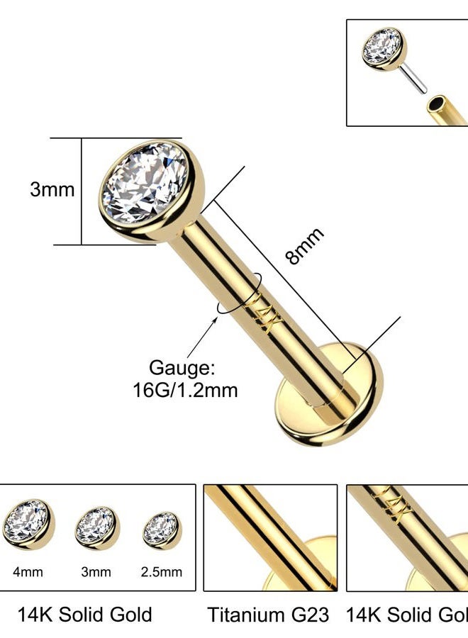 Melighting 14K Solid Gold Flat Back Earrings, Titanium Threadless Earrings for Women, 16G Gold Tragus Helix Piercing Jewelry, Conch Earrings Labret Jewelry for Women, Metal, Cubic Zirconia - Image 5