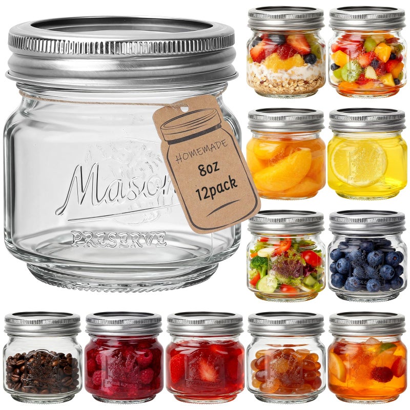 CycleMore 8oz 12 Pack Mason Glass Jars with Black Lids, Clear Regular Mouth Canning Jars for Jelly, Jam, Honey, Wedding Favors - Image 1