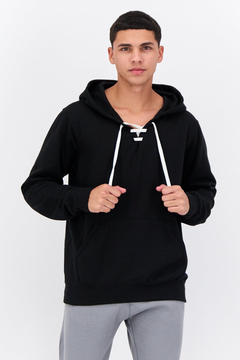 Fleece Factory Men Hooded Solid Long Sleeves Sweatshirt, Black - Image 1