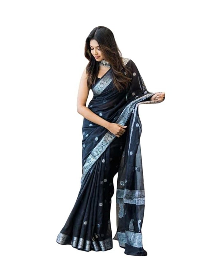 مملكة الإكسسوارات ساري حريري قطن كانجيفارام ناعم خالص للسيدات طراز باناراسي مع قطعة بلوزة لحفلات الزفاف (فاطمة-51) - Image 1