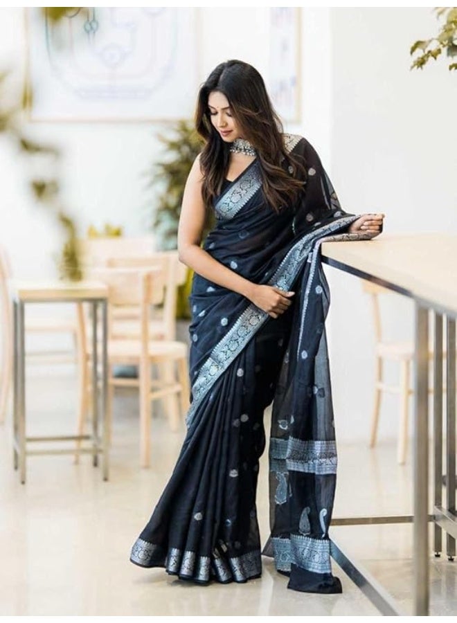 مملكة الإكسسوارات ساري حريري قطن كانجيفارام ناعم خالص للسيدات طراز باناراسي مع قطعة بلوزة لحفلات الزفاف (فاطمة-51) - Image 2