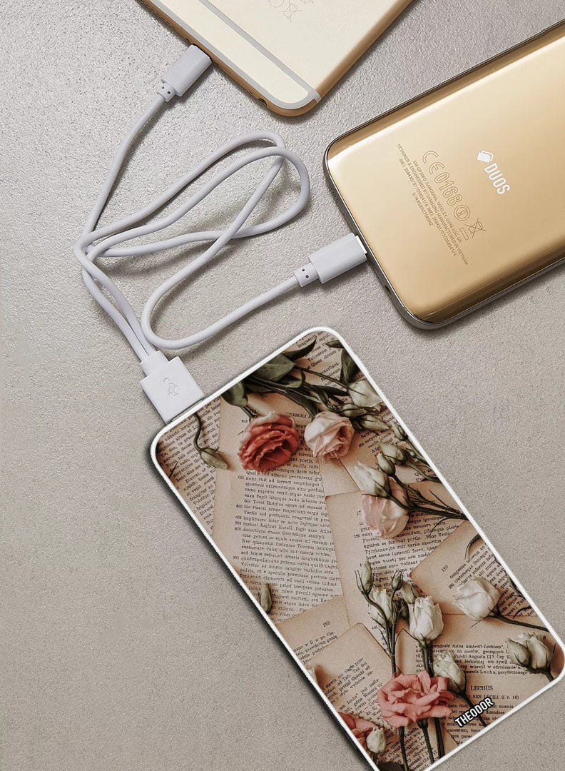 Theodor 10,000 mAh Super Fast Charging Ultra Compact Power Bank with Quick Charge & Power Delivery, Portable Charger For iPhone and Android Books and Flowers - Image 2