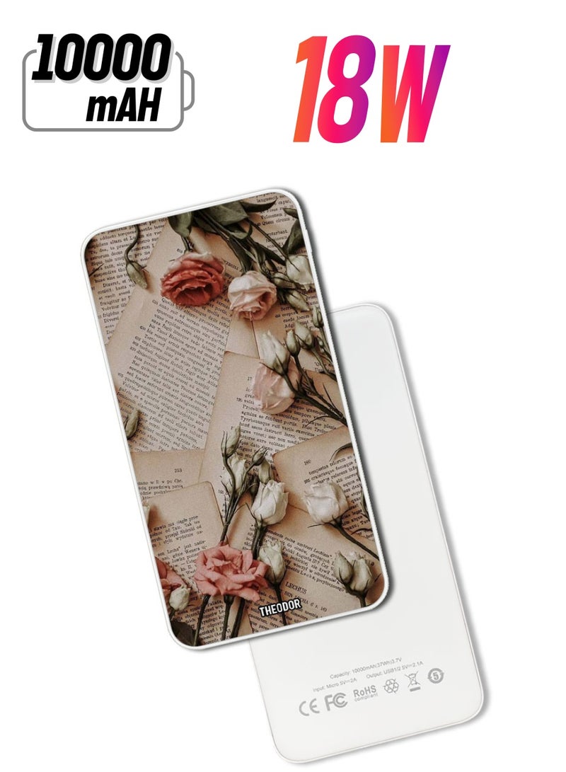 Theodor 10,000 mAh Super Fast Charging Ultra Compact Power Bank with Quick Charge & Power Delivery, Portable Charger For iPhone and Android Books and Flowers - Image 1