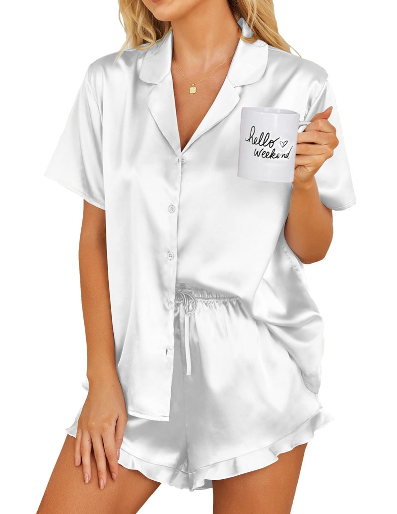 Ekouaer Womens Satin Pajamas Set Button Down 2 Piece Silk Pjs Shorts Set Ruffle Lingerie Notch Collar Sleepwear White M - Image 1