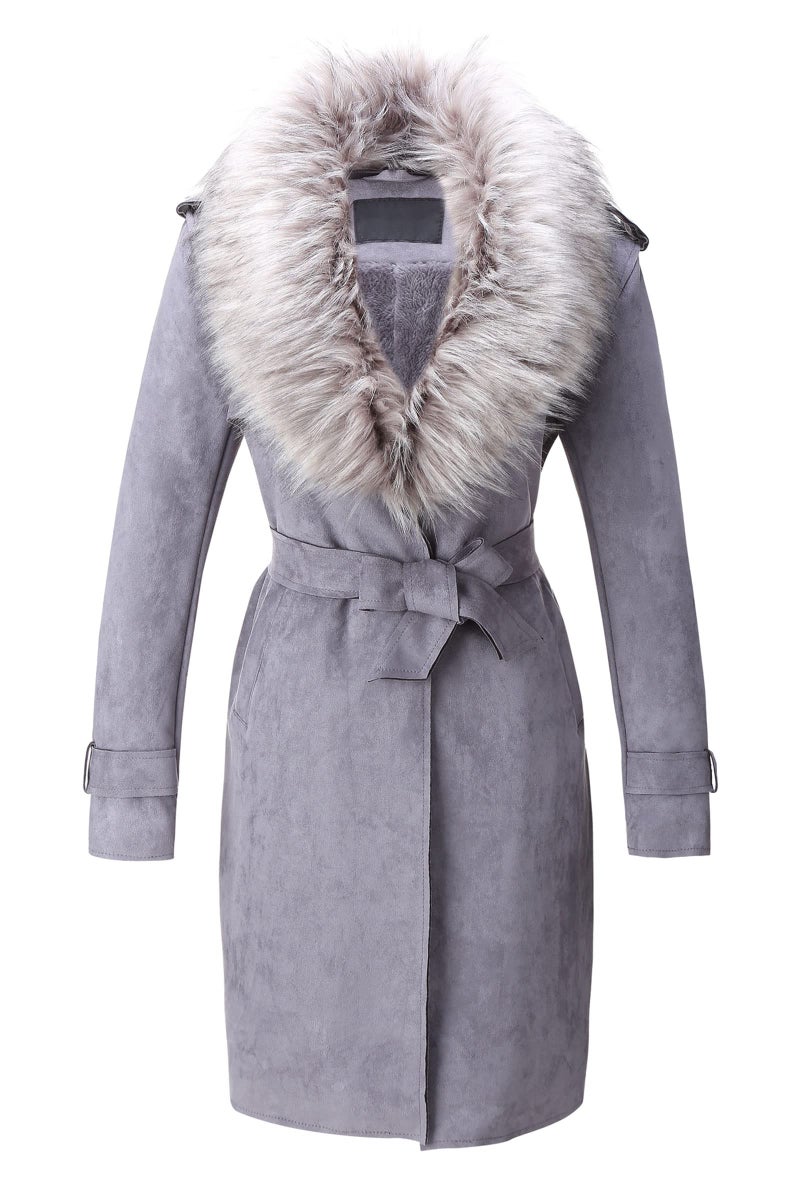 Bellivera Women Faux Suede Leather Jacket Coat with Detachable Fur Collar FF20 Gray L