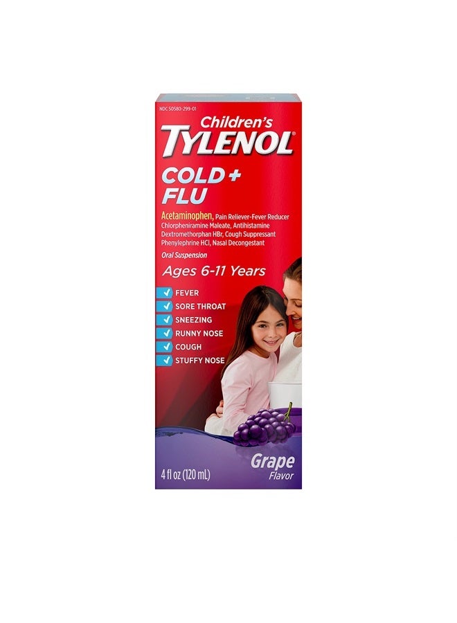 Tylenol معلق TYLENOL للأطفال للبرد + الإنفلونزا، عنب، 4 أونصة سائلة - Image 1