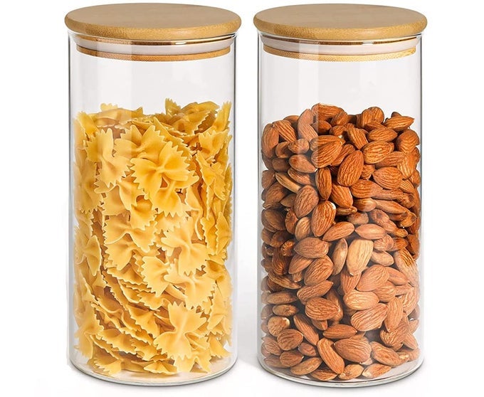 AIRTIGHT GLASS FOOD STORAGE JARS CANISTERKITCHEN SNACKS CONTAINER SET WITH NATURAL BAMBOO LIDS 1400ML SET OF 2