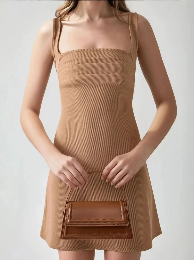 Hiccup Mocha Brown Ruched Square-Neck Mini Dress for Women | Best Price UAE