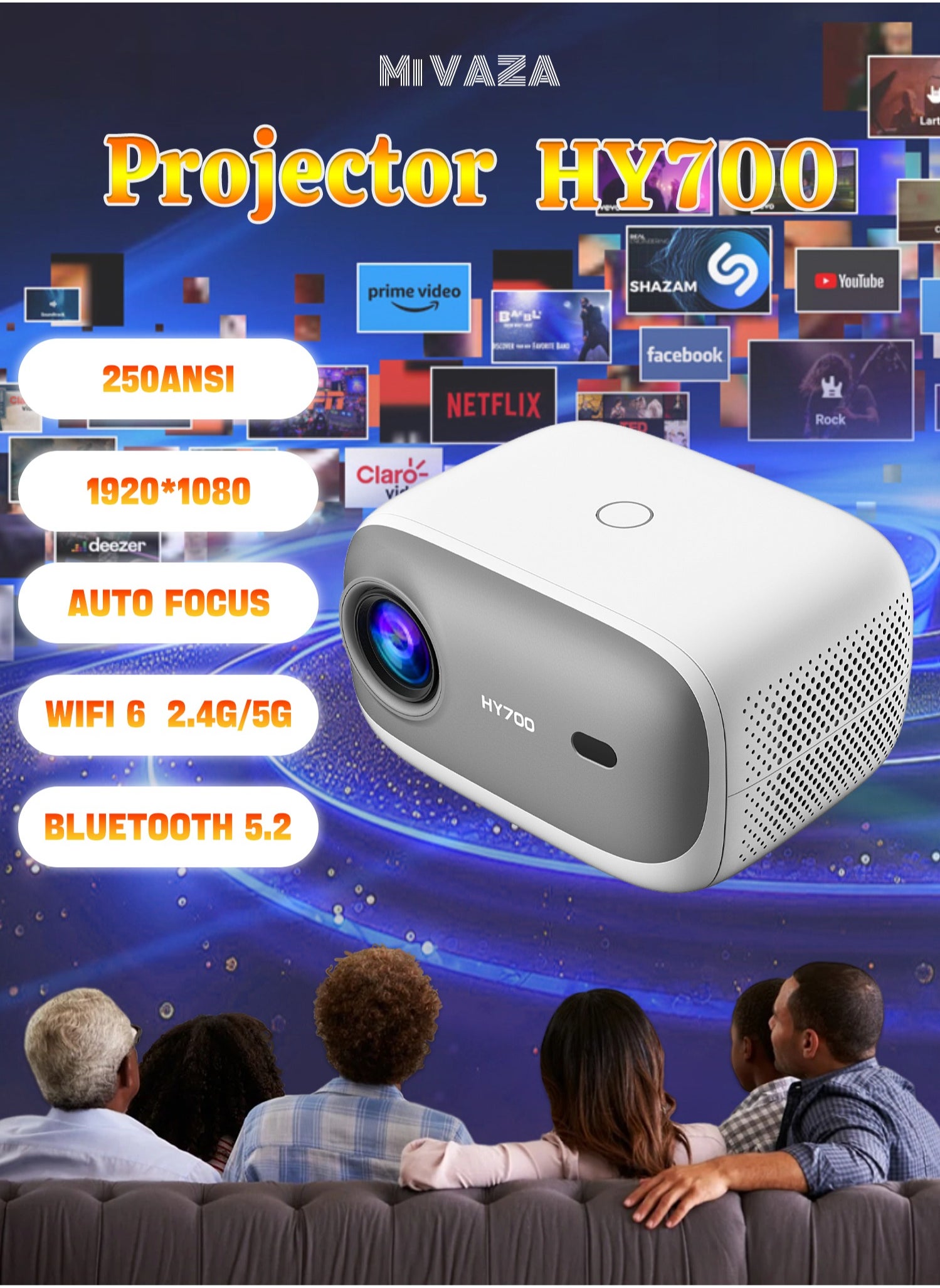 Mi VAZA LCD Projector - Auto Focus - Support HD 1080P/4K - 250 ANSI Lumen - Smart Projector with Wifi 6 and Bluetooth 5.2 - Android 11 - Portable Mobile Home Theater - Suitable for Games, Office, Movies 