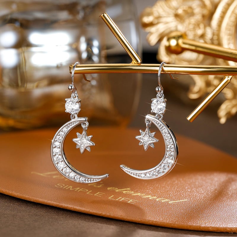 AILife Silve Moon and Star Pendant Drop Earring for Women, Dainty Trendy White Gold Plated Cubic Zirconia Dangle Eearrings Jewelry Gift (White Gold, Moon and Star Earrings) - Image 5