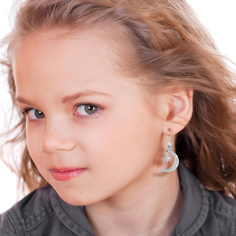 AILife Silve Moon and Star Pendant Drop Earring for Women, Dainty Trendy White Gold Plated Cubic Zirconia Dangle Eearrings Jewelry Gift (White Gold, Moon and Star Earrings) - Image 3