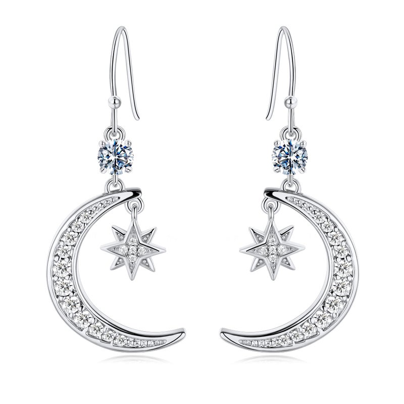 AILife Silve Moon and Star Pendant Drop Earring for Women, Dainty Trendy White Gold Plated Cubic Zirconia Dangle Eearrings Jewelry Gift (White Gold, Moon and Star Earrings) - Image 1