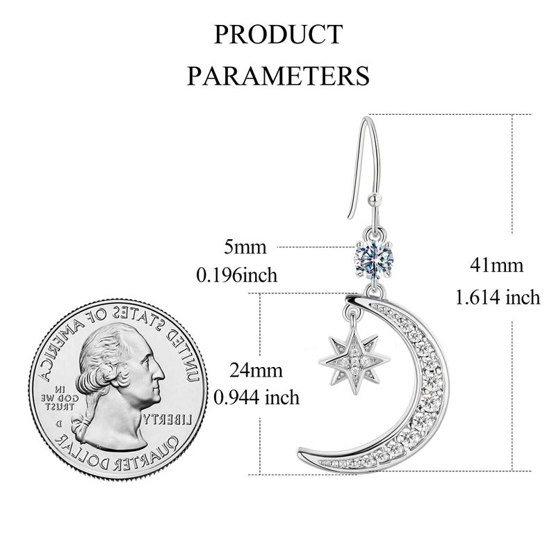 AILife Silve Moon and Star Pendant Drop Earring for Women, Dainty Trendy White Gold Plated Cubic Zirconia Dangle Eearrings Jewelry Gift (White Gold, Moon and Star Earrings) - Image 4