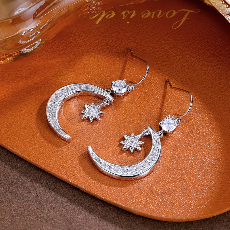 AILife Silve Moon and Star Pendant Drop Earring for Women, Dainty Trendy White Gold Plated Cubic Zirconia Dangle Eearrings Jewelry Gift (White Gold, Moon and Star Earrings) - Image 2