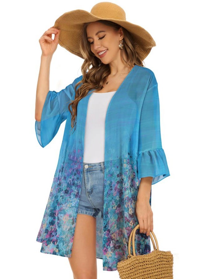 CHICGAL Womens Kimono Beach Cover Ups Puff Sleeve Cardigan Casual Loose Fit Resorts Swimwear (Blue Green Flowers, L) - Image 2