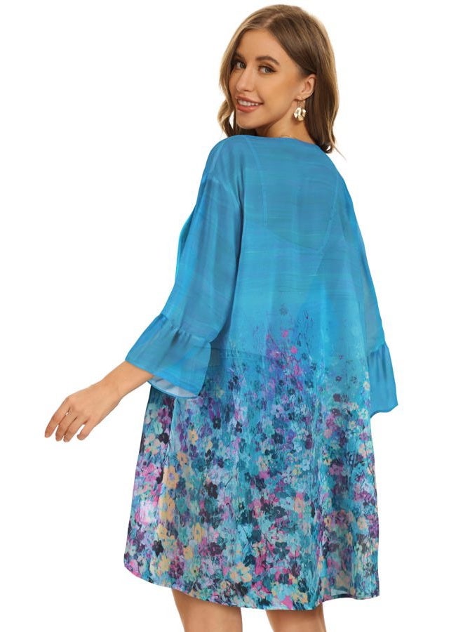 CHICGAL Womens Kimono Beach Cover Ups Puff Sleeve Cardigan Casual Loose Fit Resorts Swimwear (Blue Green Flowers, L) - Image 4