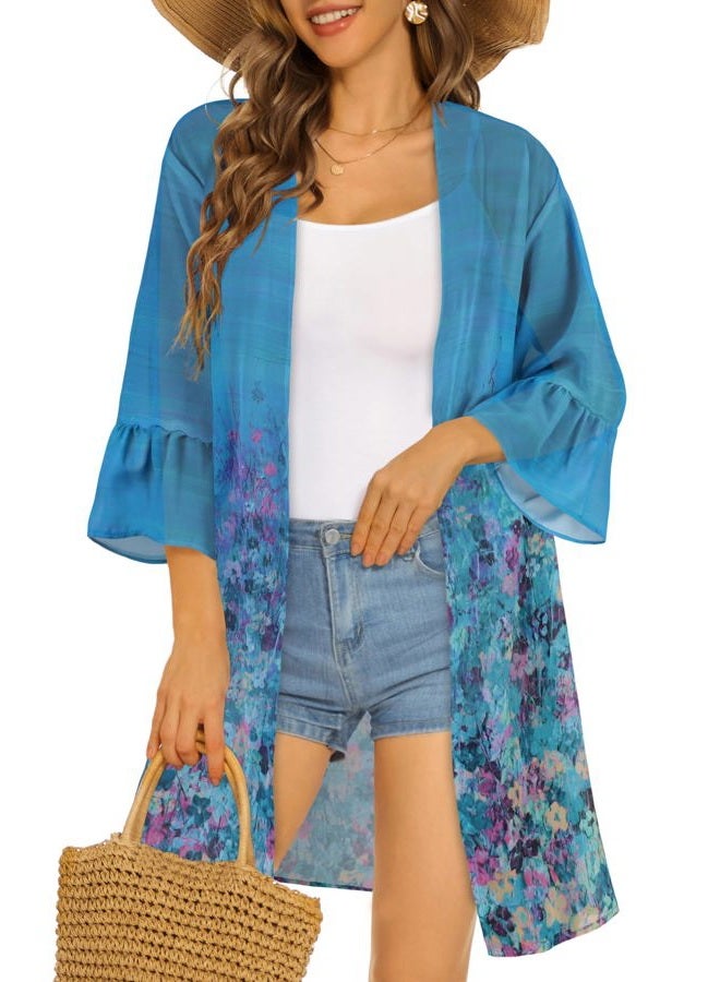 CHICGAL Womens Kimono Beach Cover Ups Puff Sleeve Cardigan Casual Loose Fit Resorts Swimwear (Blue Green Flowers, L) - Image 1