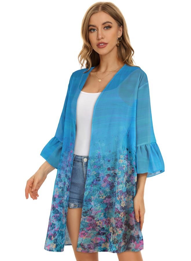 CHICGAL Womens Kimono Beach Cover Ups Puff Sleeve Cardigan Casual Loose Fit Resorts Swimwear (Blue Green Flowers, L) - Image 3