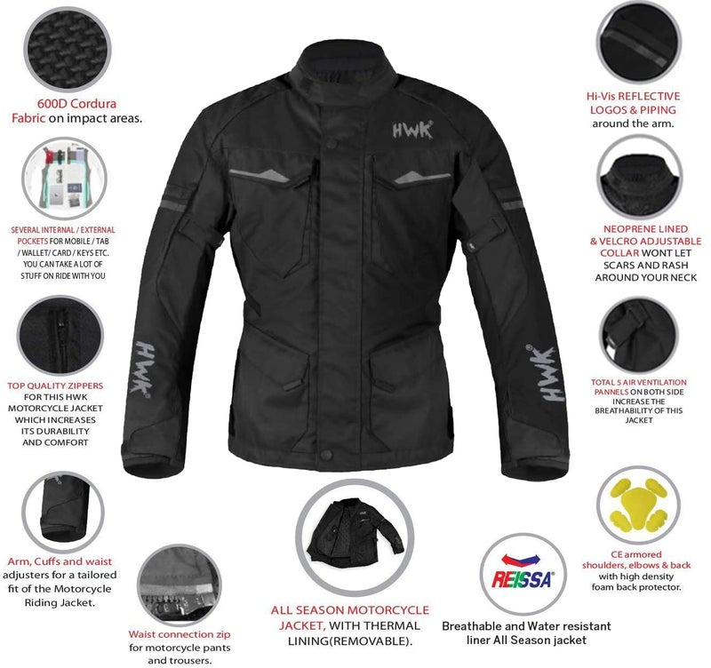 HWK Adventure Touring Motorcycle Jacket for Men, Water Resistant Cordura Textile Biker Jacket for Men, Durable and Stylish Moto Gear with CE Armor for Enduro Motorbike Riding - Black, Medium - Image 3