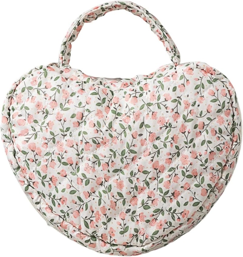 Fashionable Florals Print Heart Cosmetic Case Quilted Construction Spacious Toiletry Bag for Women Girls Travel Florals Print - Image 1
