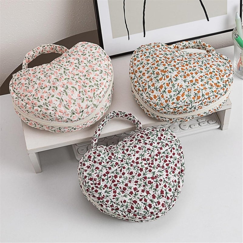 Fashionable Florals Print Heart Cosmetic Case Quilted Construction Spacious Toiletry Bag for Women Girls Travel Florals Print - Image 4
