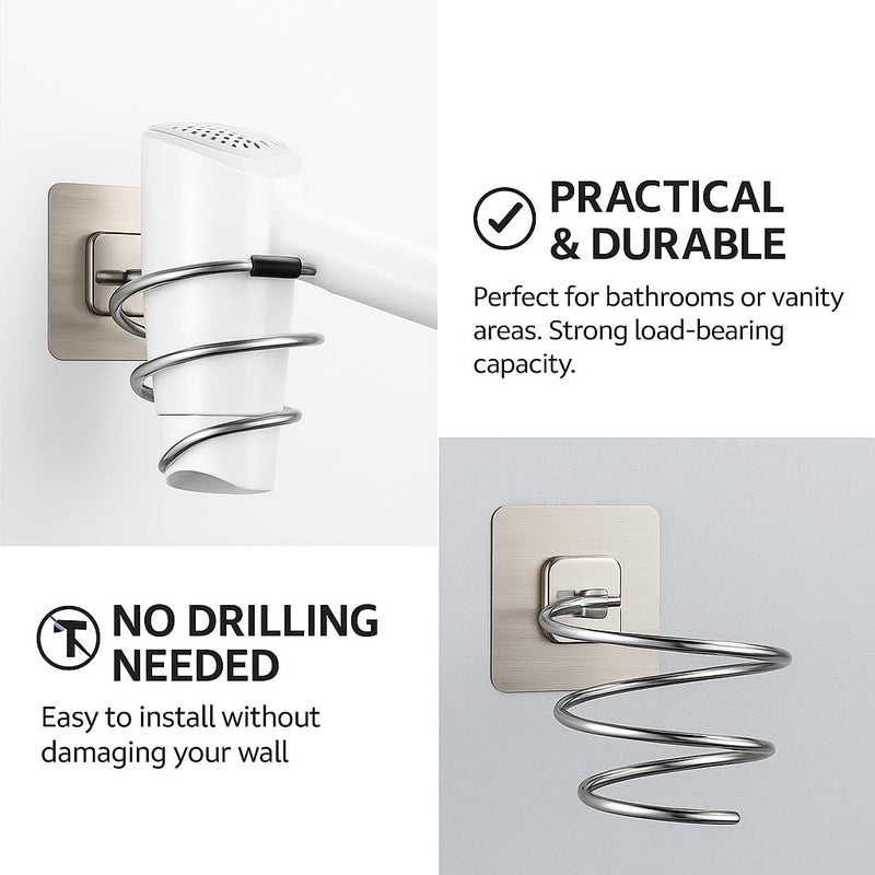KUCHIFY Hair Dryer Holder Wall Mount – No-Drill Spiral Organizer for Hair Dryer, Flat Iron & Curling Wand | Self-Adhesive Stainless Steel Bathroom Rack (Pack of 1) - Image 5