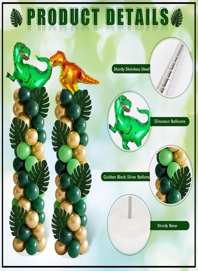 YLOLUL 2 Sets Dinosaur Balloon Column Stand Kits Adjustable Green Gold Balloons Column Kit with Monstera Jungle Jurassic Dinosaur Themed Tower Stand Kit for Dinosaurs Birthday Kids Baby Shower Party Supplie - Image 4