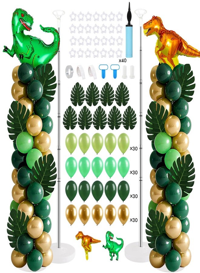 YLOLUL 2 Sets Dinosaur Balloon Column Stand Kits Adjustable Green Gold Balloons Column Kit with Monstera Jungle Jurassic Dinosaur Themed Tower Stand Kit for Dinosaurs Birthday Kids Baby Shower Party Supplie - Image 1
