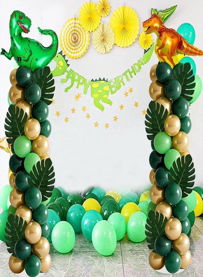 YLOLUL 2 Sets Dinosaur Balloon Column Stand Kits Adjustable Green Gold Balloons Column Kit with Monstera Jungle Jurassic Dinosaur Themed Tower Stand Kit for Dinosaurs Birthday Kids Baby Shower Party Supplie - Image 2