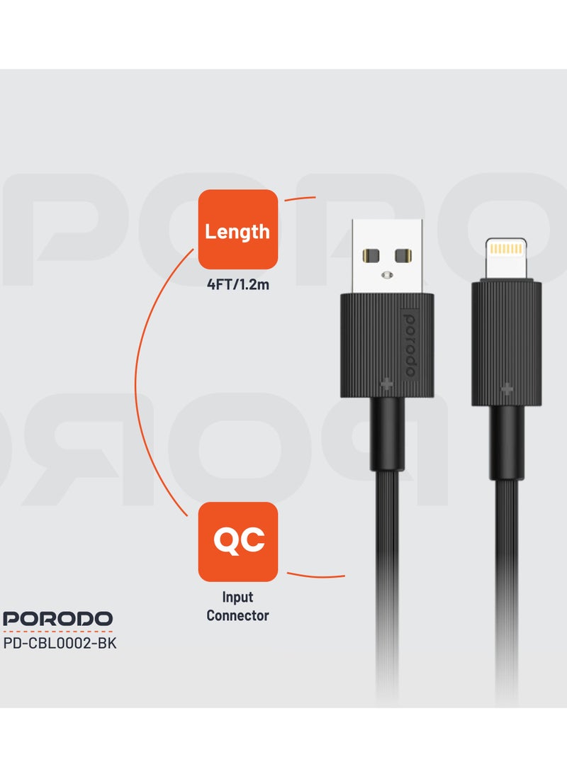 porodo - USB-A to Lightning Durable Charging Cable 1.2m / Data Transfer & Fast Charging / Tangle Free / PVC Cable - Black - Image 1