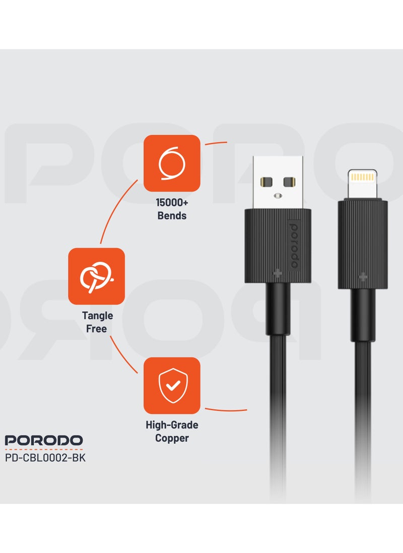 porodo - USB-A to Lightning Durable Charging Cable 1.2m / Data Transfer & Fast Charging / Tangle Free / PVC Cable - Black - Image 1