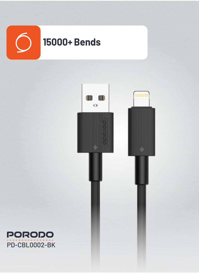 porodo - USB-A to Lightning Durable Charging Cable 1.2m / Data Transfer & Fast Charging / Tangle Free / PVC Cable - Black - Image 1