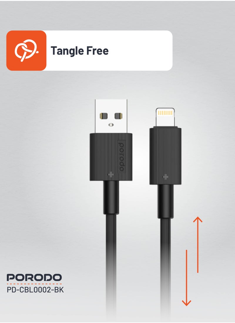 porodo - USB-A to Lightning Durable Charging Cable 1.2m / Data Transfer & Fast Charging / Tangle Free / PVC Cable - Black - Image 1
