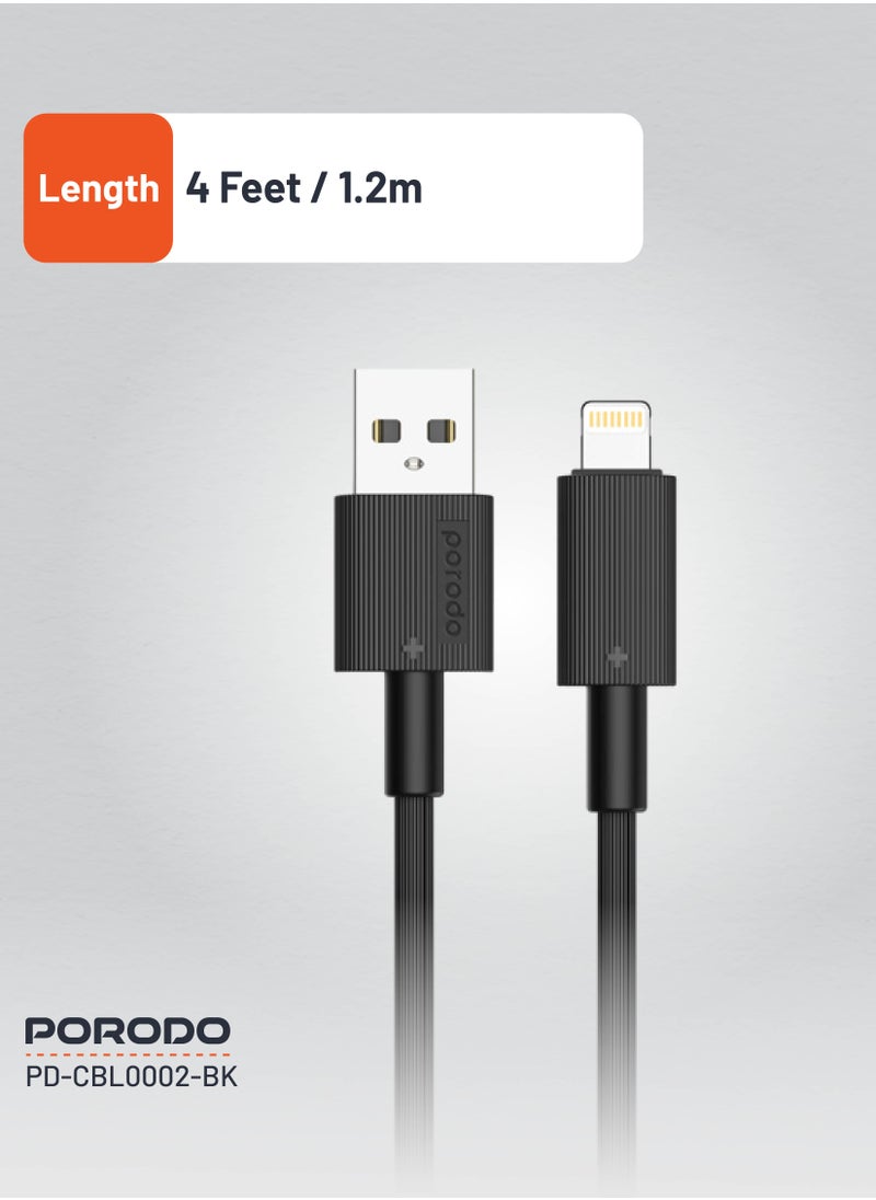 porodo - USB-A to Lightning Durable Charging Cable 1.2m / Data Transfer & Fast Charging / Tangle Free / PVC Cable - Black - Image 1