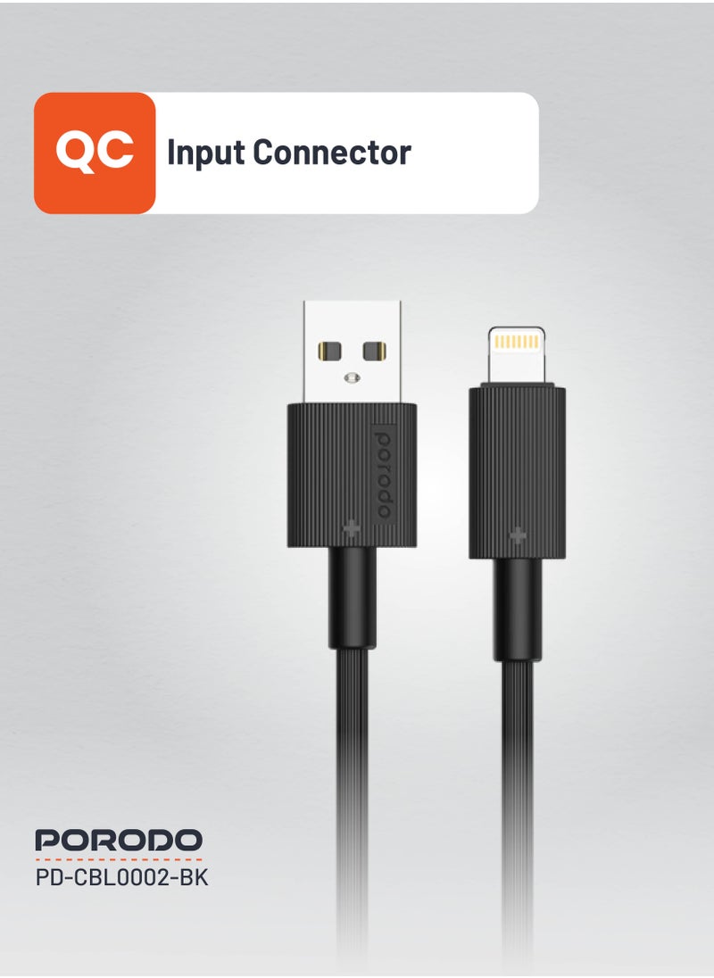porodo - USB-A to Lightning Durable Charging Cable 1.2m / Data Transfer & Fast Charging / Tangle Free / PVC Cable - Black - Image 1