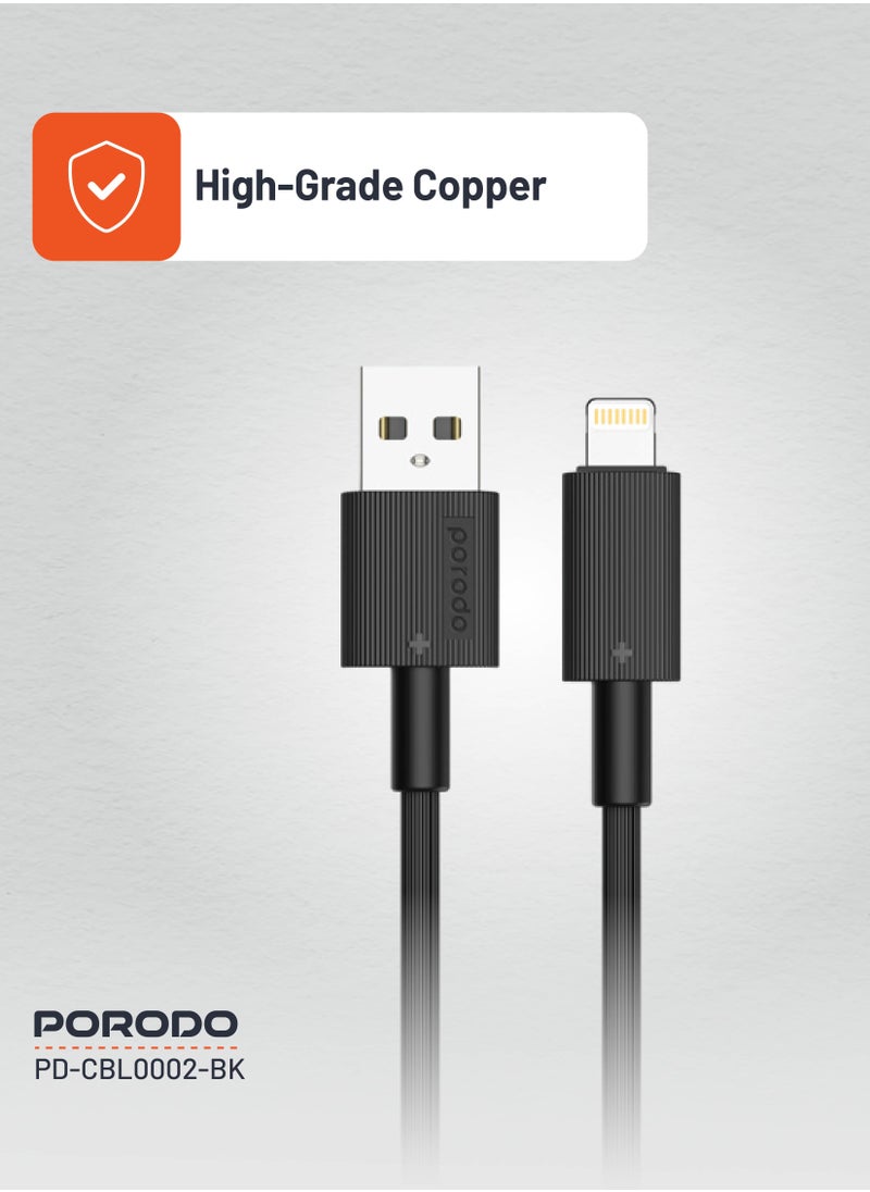 porodo - USB-A to Lightning Durable Charging Cable 1.2m / Data Transfer & Fast Charging / Tangle Free / PVC Cable - Black - Image 1
