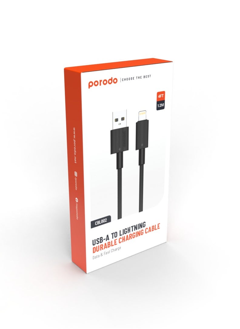 porodo - USB-A to Lightning Durable Charging Cable 1.2m / Data Transfer & Fast Charging / Tangle Free / PVC Cable - Black - Image 1