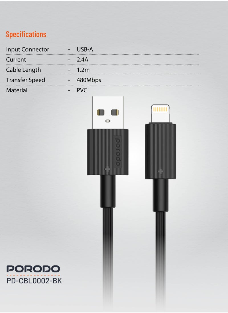 porodo - USB-A to Lightning Durable Charging Cable 1.2m / Data Transfer & Fast Charging / Tangle Free / PVC Cable - Black - Image 1