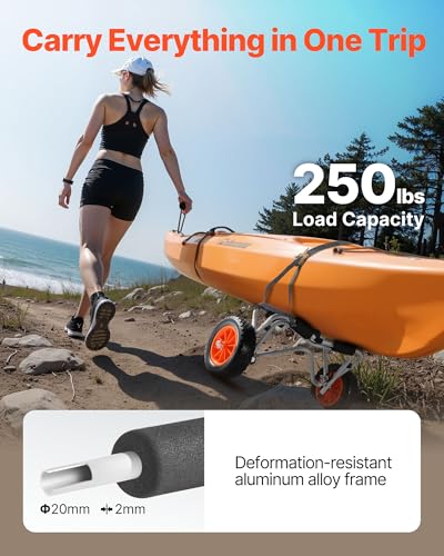VEVOR Kayak Cart, 250 lbs Load Capacity, Foldable Kayak Trolley with 10-inch Solid PU Tires & 1 Ratchet Strap, Paddle Board Trolley for Carrying Kayaks, Canoes, Paddleboards, Float Mats, Jon Boats - Image 2