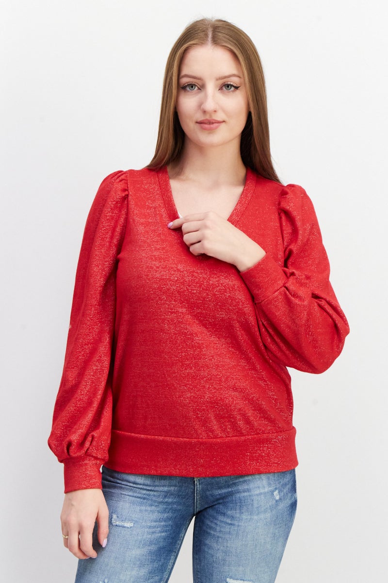 INC Women V-Neck Metallic Sweater, Cherry Candy - Image 1