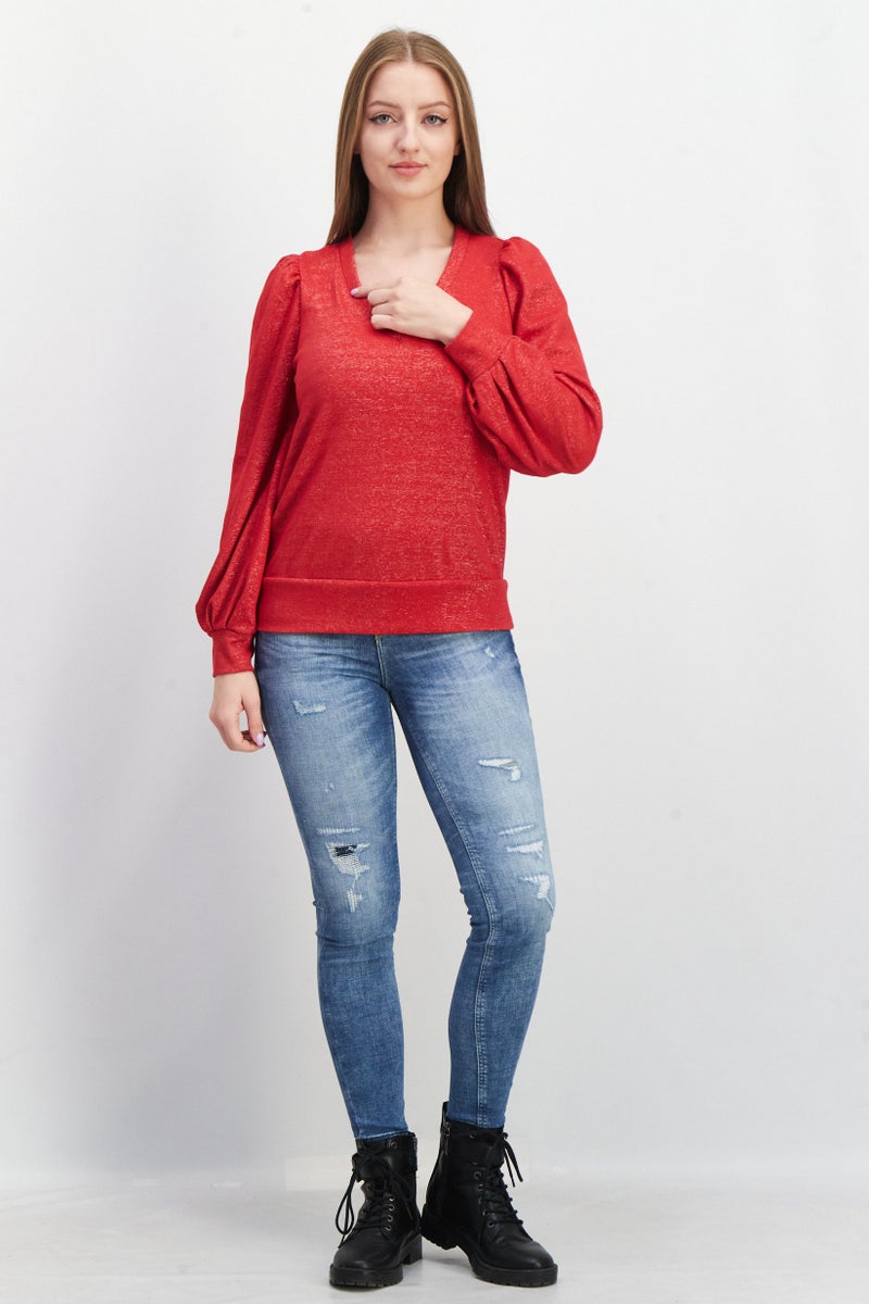 INC Women V-Neck Metallic Sweater, Cherry Candy - Image 3