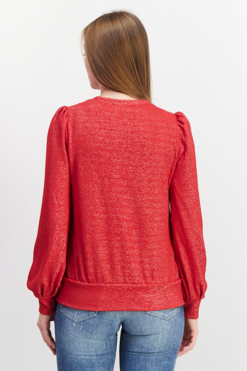 INC Women V-Neck Metallic Sweater, Cherry Candy - Image 2