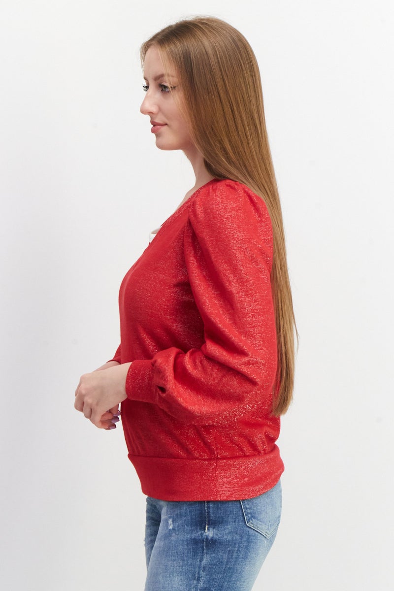 INC Women V-Neck Metallic Sweater, Cherry Candy - Image 2