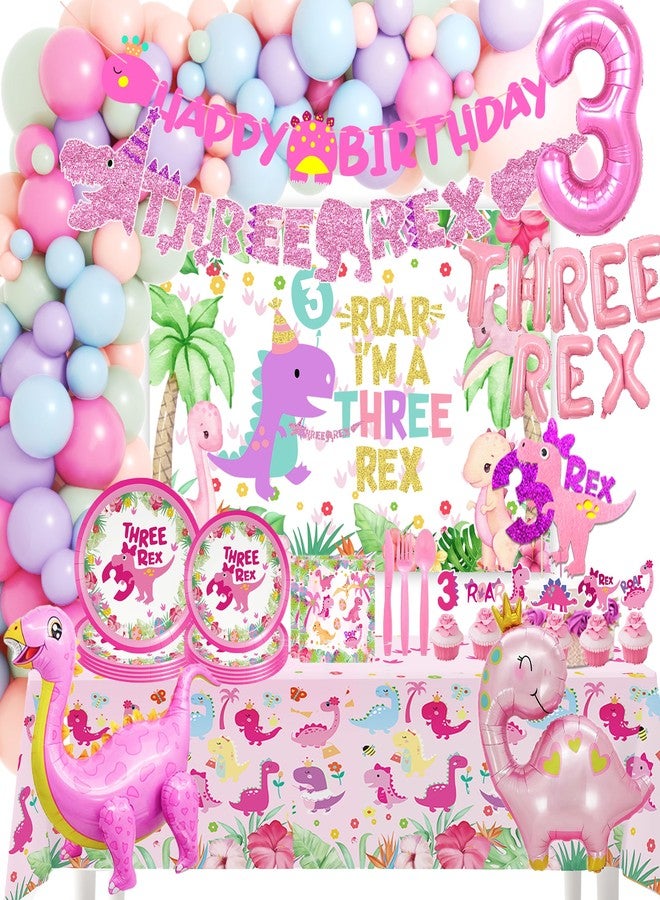 BEOXAGAR Pink Dinosaur Party Supplies For Girls 3rd Birthday Decorations Three Inspired Rex Dino Balloons Banner Dino Cake Topper Cupcake Toppers Girls 3rd Pink Dinosaur Decor - Image 1