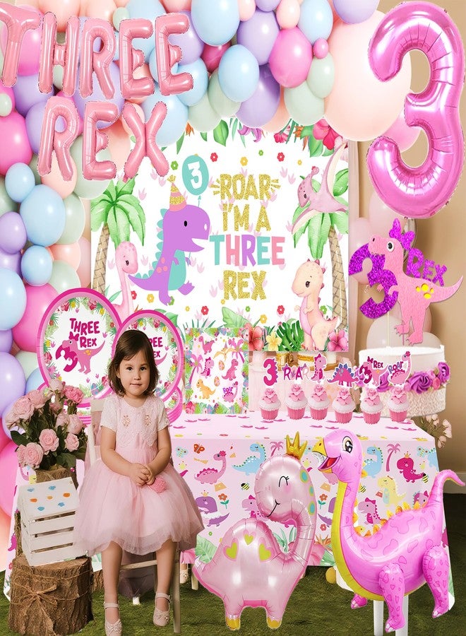 BEOXAGAR Pink Dinosaur Party Supplies For Girls 3rd Birthday Decorations Three Inspired Rex Dino Balloons Banner Dino Cake Topper Cupcake Toppers Girls 3rd Pink Dinosaur Decor - Image 2