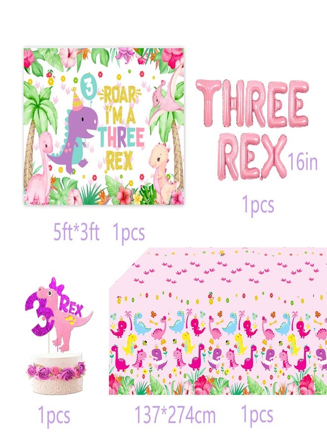 BEOXAGAR Pink Dinosaur Party Supplies For Girls 3rd Birthday Decorations Three Inspired Rex Dino Balloons Banner Dino Cake Topper Cupcake Toppers Girls 3rd Pink Dinosaur Decor - Image 3