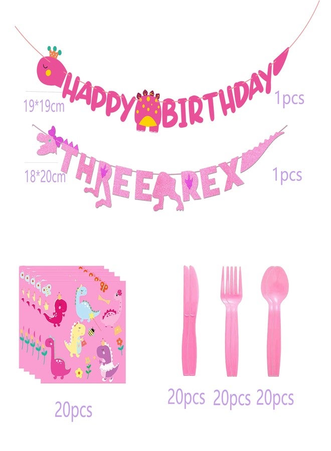 BEOXAGAR Pink Dinosaur Party Supplies For Girls 3rd Birthday Decorations Three Inspired Rex Dino Balloons Banner Dino Cake Topper Cupcake Toppers Girls 3rd Pink Dinosaur Decor - Image 5