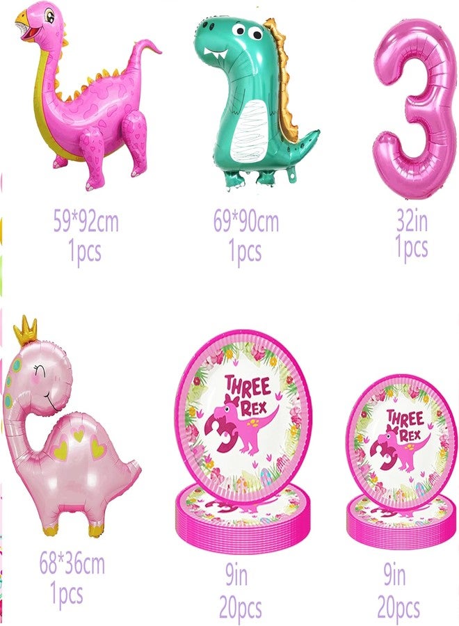 BEOXAGAR Pink Dinosaur Party Supplies For Girls 3rd Birthday Decorations Three Inspired Rex Dino Balloons Banner Dino Cake Topper Cupcake Toppers Girls 3rd Pink Dinosaur Decor - Image 4