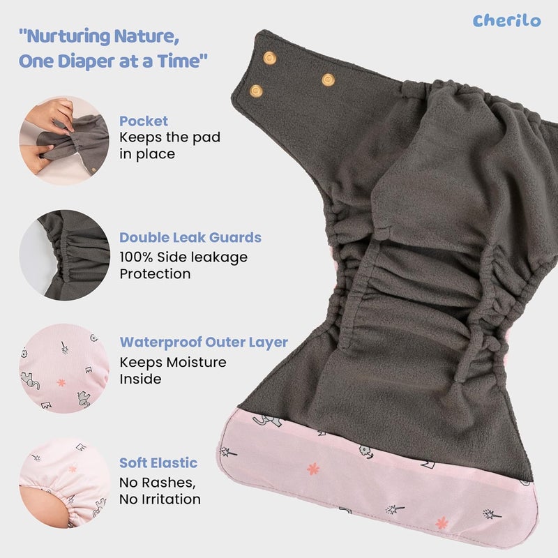 Cherilo حفاضة قماش قابلة لإعادة الاستخدام من شيريلو للمواليد الجدد من 0 إلى 3 سنوات، مانعة للتسرب، حفاضات قماش قابلة للغسل، بدون تسرب جانبي، حفاضة جيب بحجم قابل للتعديل (حفاضة بنمط تاج + 1 إدراج) - Image 4